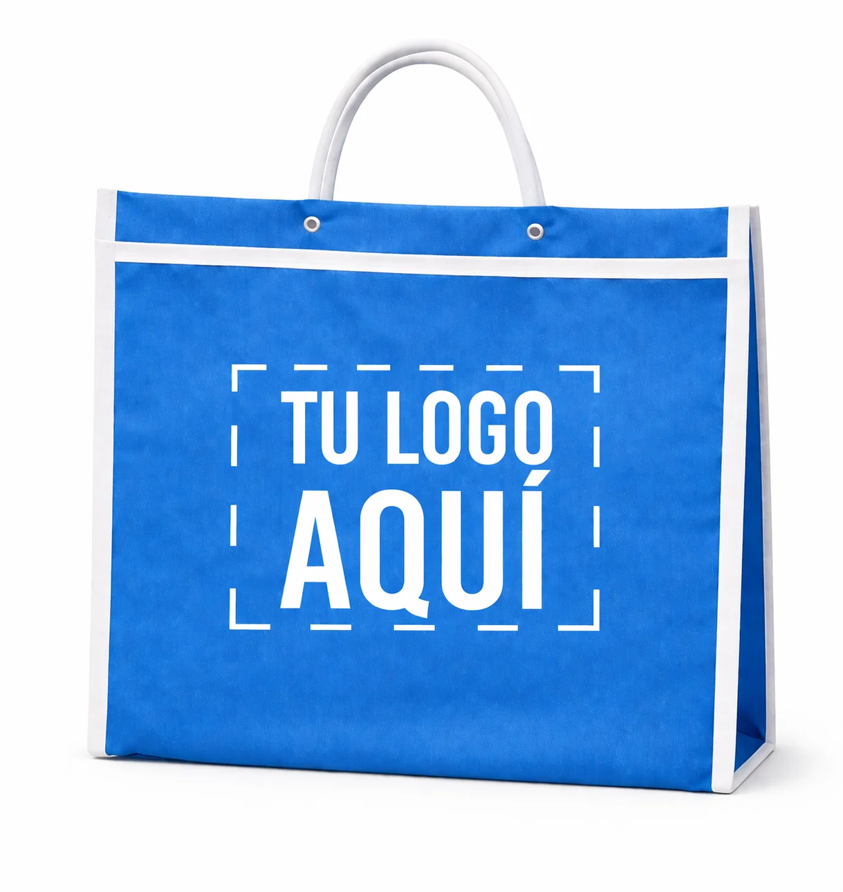Bolsa mandadera publicitaria personalizada con impresión en ambos lados color azul para negocio medidas 30 x 35